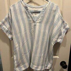 L.L. Bean Linen Blend Women's Split Neck Top, blue stripe, size L